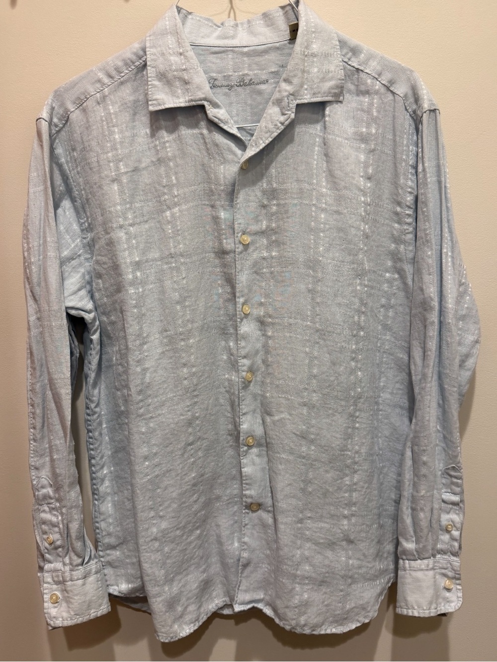 Tommy Bahama Light Blue 100% Linen Textured Long Sleeve Button-Up Dress Shirt